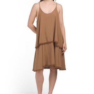 NWT Cristina Vergani Scoop Neck Two Tier Dress Linen Made In Italy Brown Medium